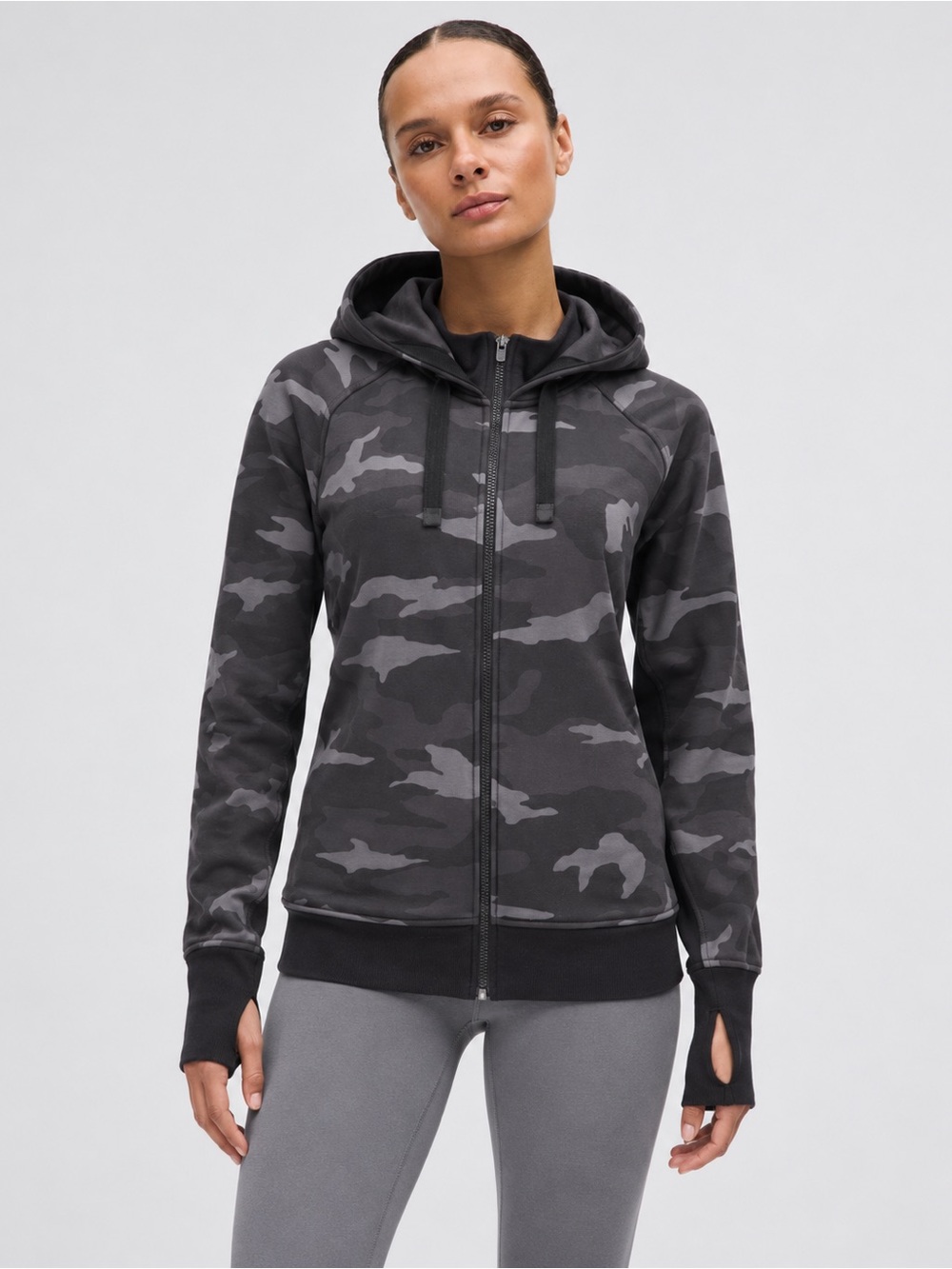 ATHLETA Triumph Printed Hoodie Gray Camo Full Zip Thumbholes